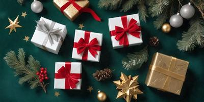 The primary subject of the image is a collection of wrapped gifts, which are placed on a green background. The setting includes a Christmas tree, adding to the festive atmosphere. The visual style is a combination of photo and digital art, creating a realistic yet artistic representation of the gifts. The colors and mood are predominantly green and red, reflecting the holiday season and the joy of giving and receiving presents.